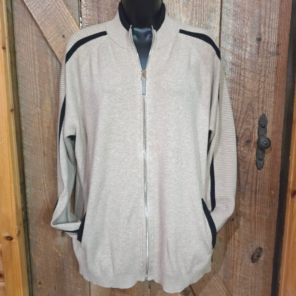 Chico's Zenergy Ladies XL(3) Cashmere-Blend Full Zip Sweater Beige/Black
